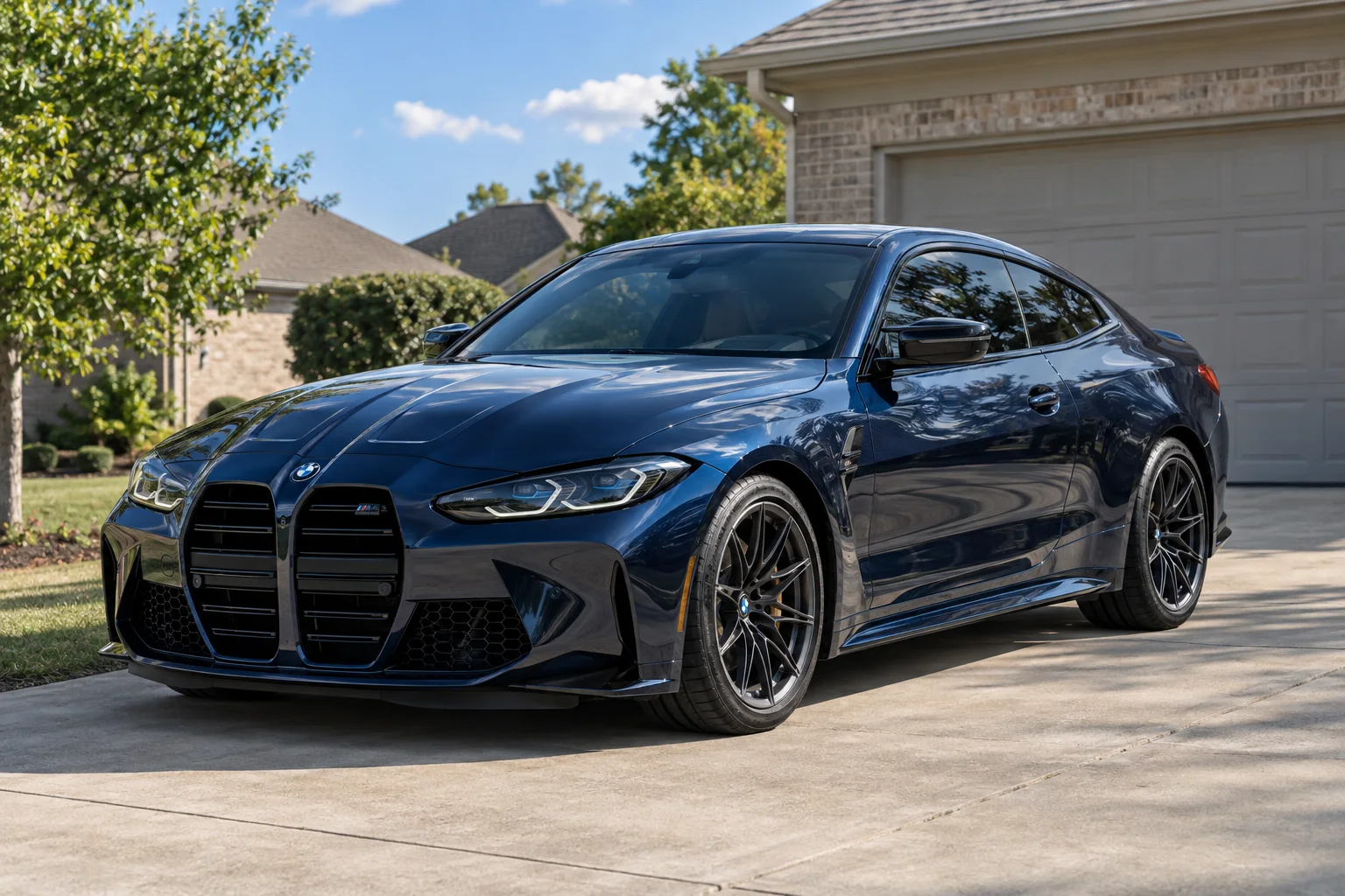 A navy BMW M4 with tinted windows parked on a driveway in north Alabama