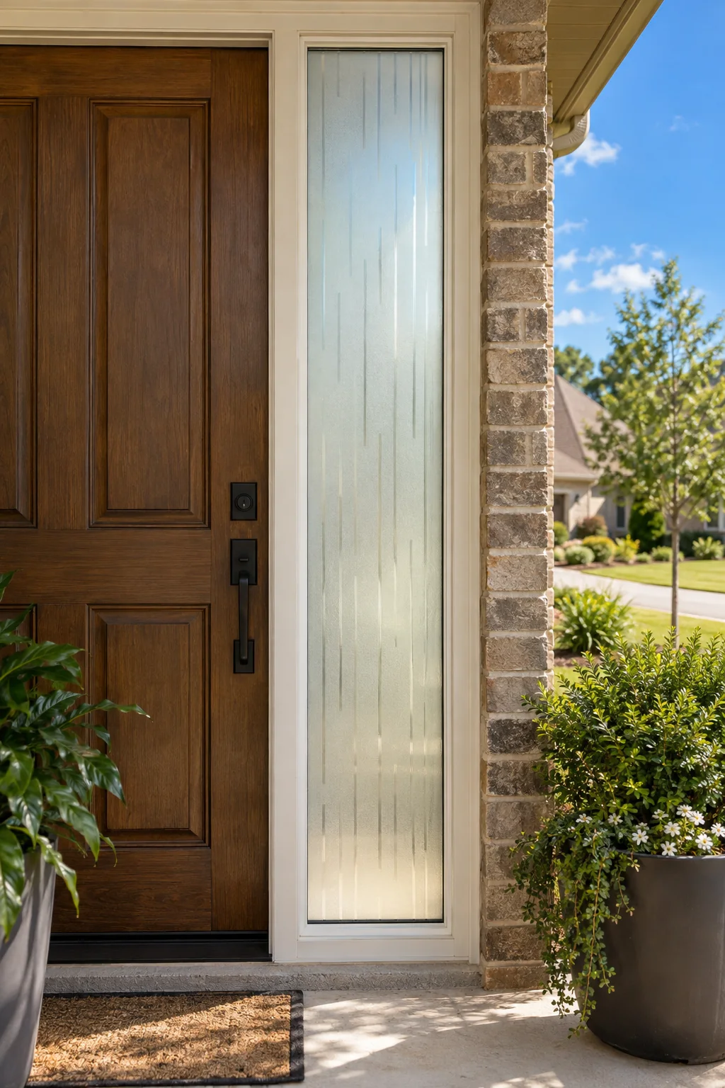 A front door with a frosted sidelight for privacy
