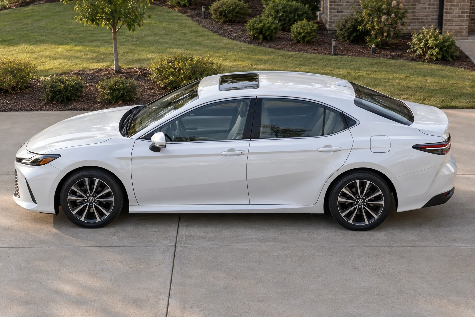 A pearl white Toyota Camry with tinted windows, seen from the side on a driveway