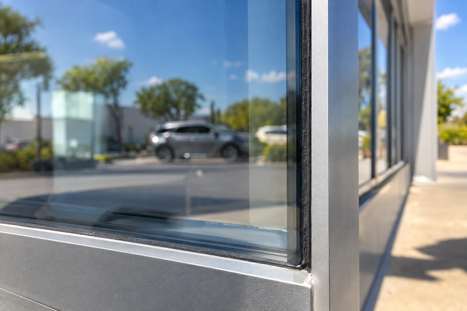 The edge of a storefront window where the film meets the frame