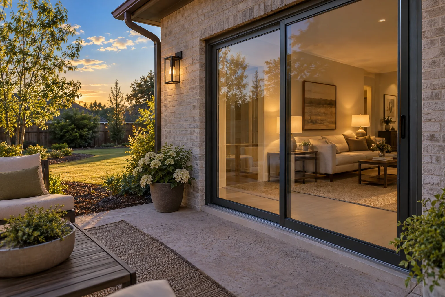 A home’s patio door at dusk