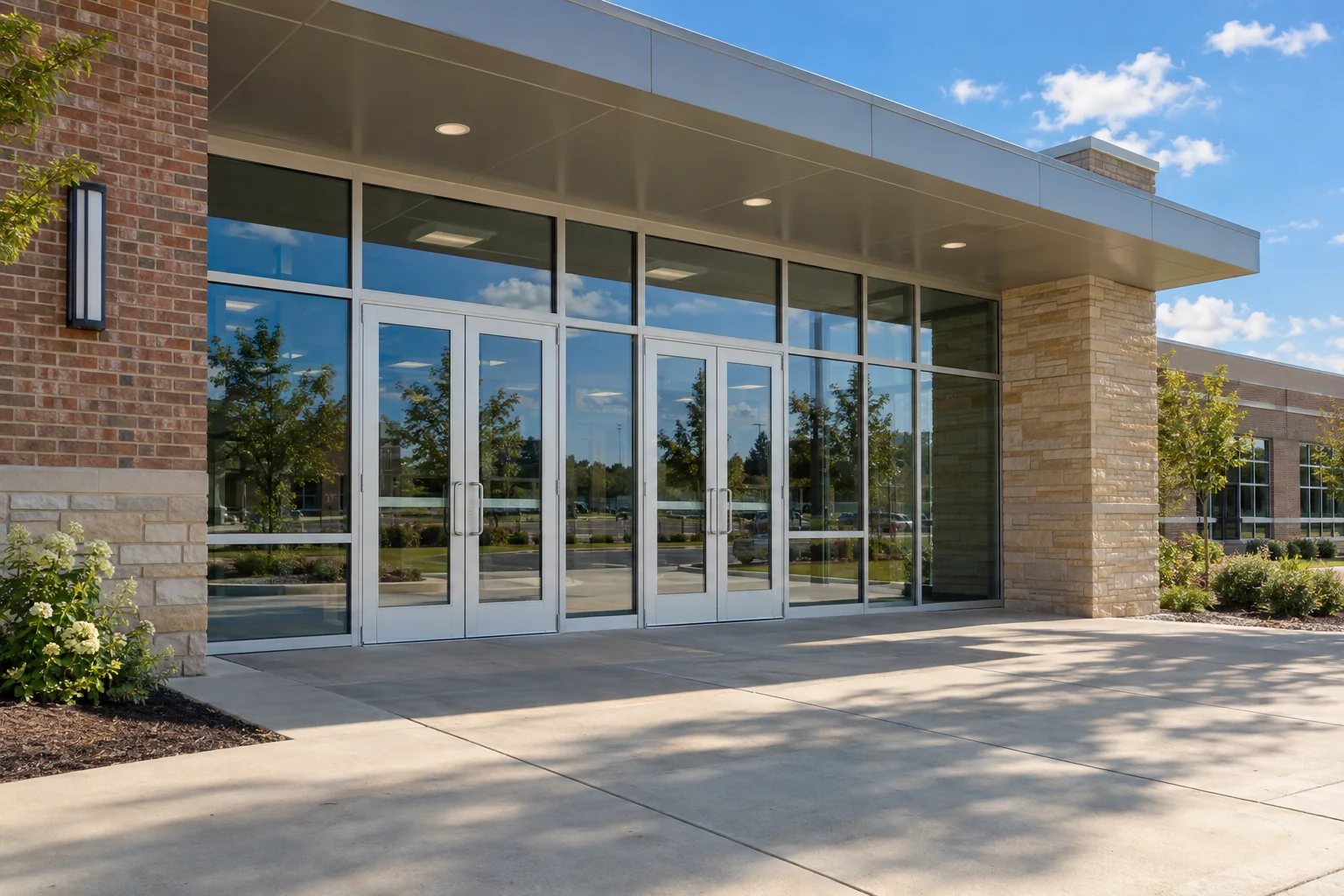 A glass-fronted entrance on a sunny day