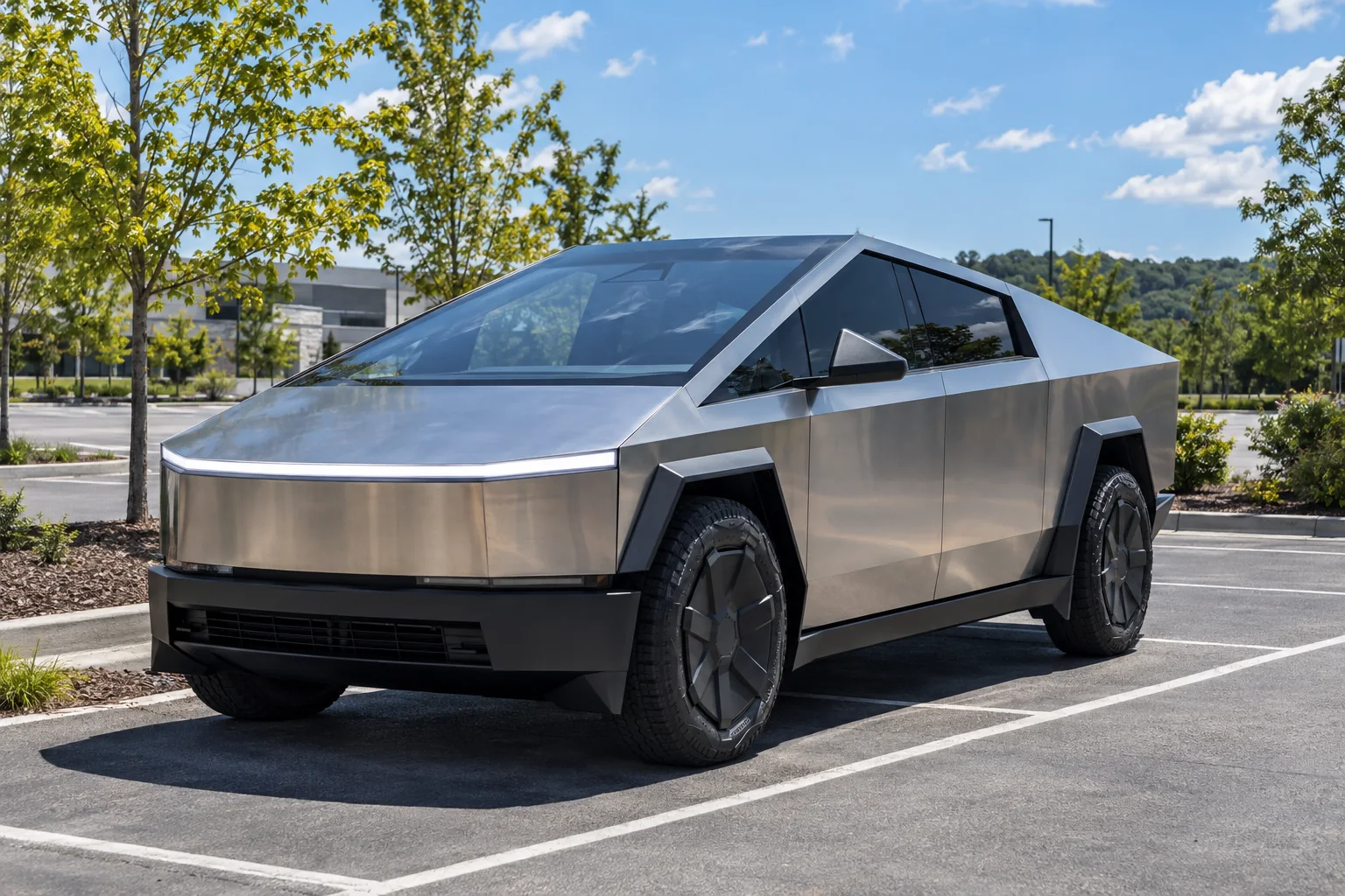 A stainless steel Tesla Cybertruck with tinted windows parked in north Alabama