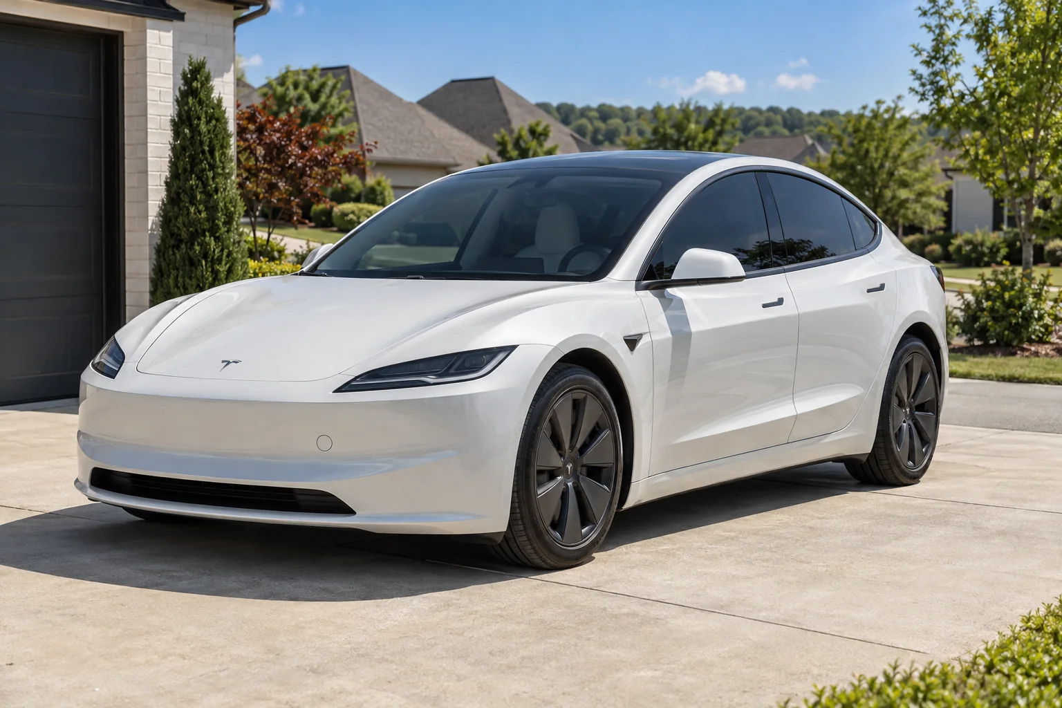 A white Tesla Model 3 with tinted windows parked on a driveway in north Alabama